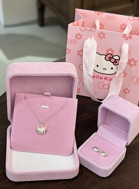 925纯银哈喽kitty项链女生甜美可爱KT银耳钉儿童学生送人礼物套装
