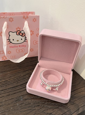 999纯银圆珠手链女俏皮可爱哈喽Kitty银吊坠手串儿童大人生日礼物
