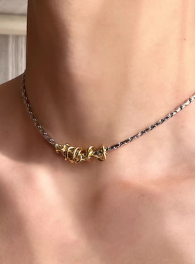 金银扭转钛钢项链男女小众设计金色粗链条缠绕蛇骨链