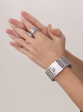 MERCURY BLUES 巨型宽面古巴手链 正反链手饰抛光龙骨链钛钢手链