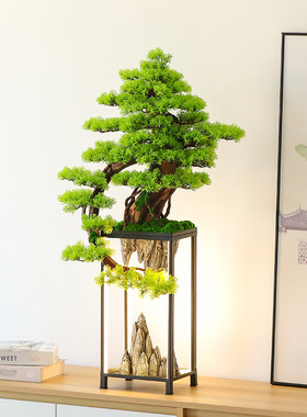 仿真迎客松盆栽实木绿植仿真盆景家居玄关客厅电视柜茶桌酒店摆件