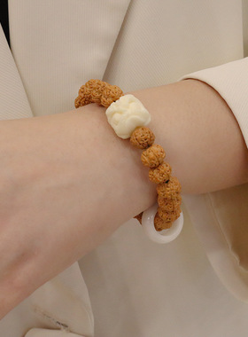 国风醒狮天然10MM菩提手链青绿菩提手串六字真言金刚跑环文玩手饰