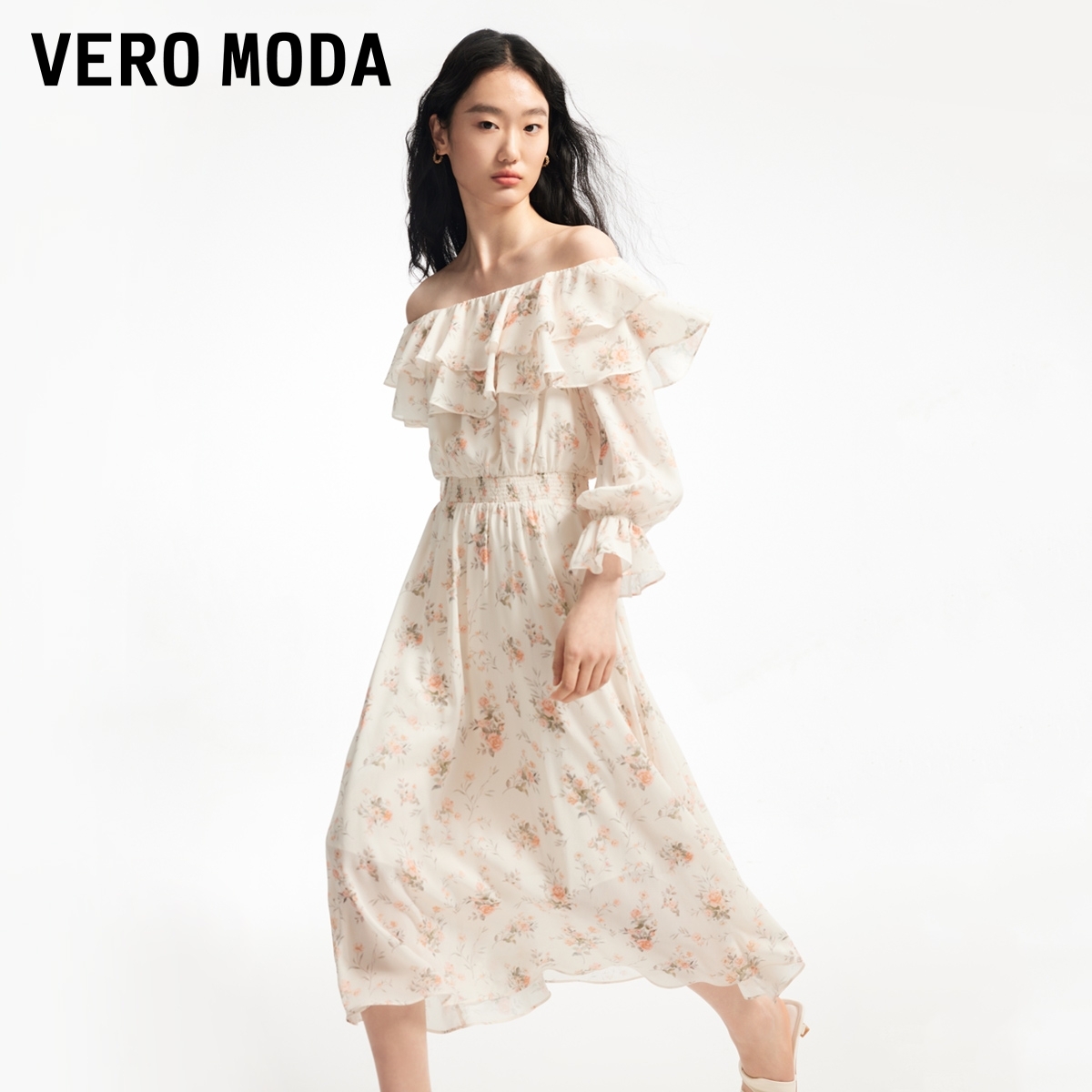 Vero Moda连衣裙2024春夏新款甜美优雅花朵荷叶边松紧腰有内衬