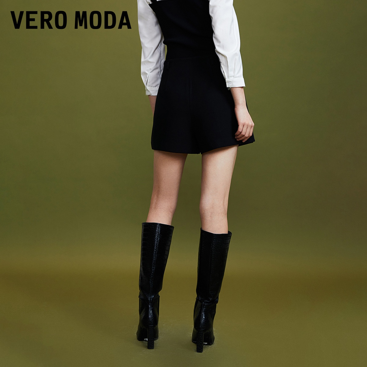 v区绫致Vero Moda短裤女2023秋冬裙裤中腰黑色简约通勤韩系直筒