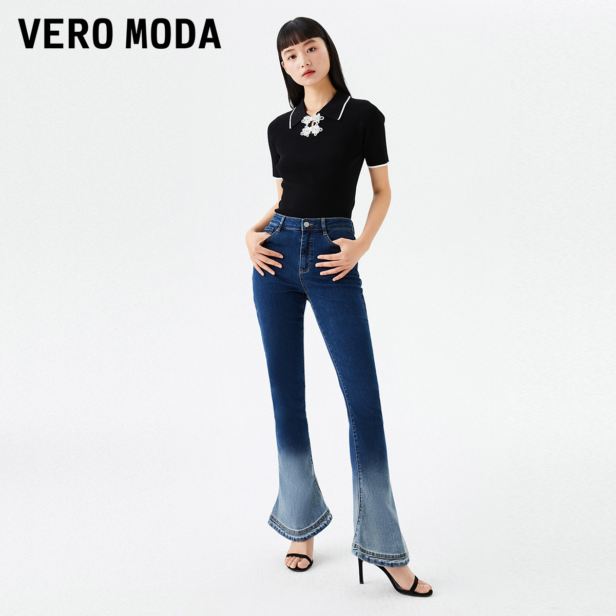 Vero Moda牛仔裤2023新款高腰微喇叭马蹄裤设计感裤子女