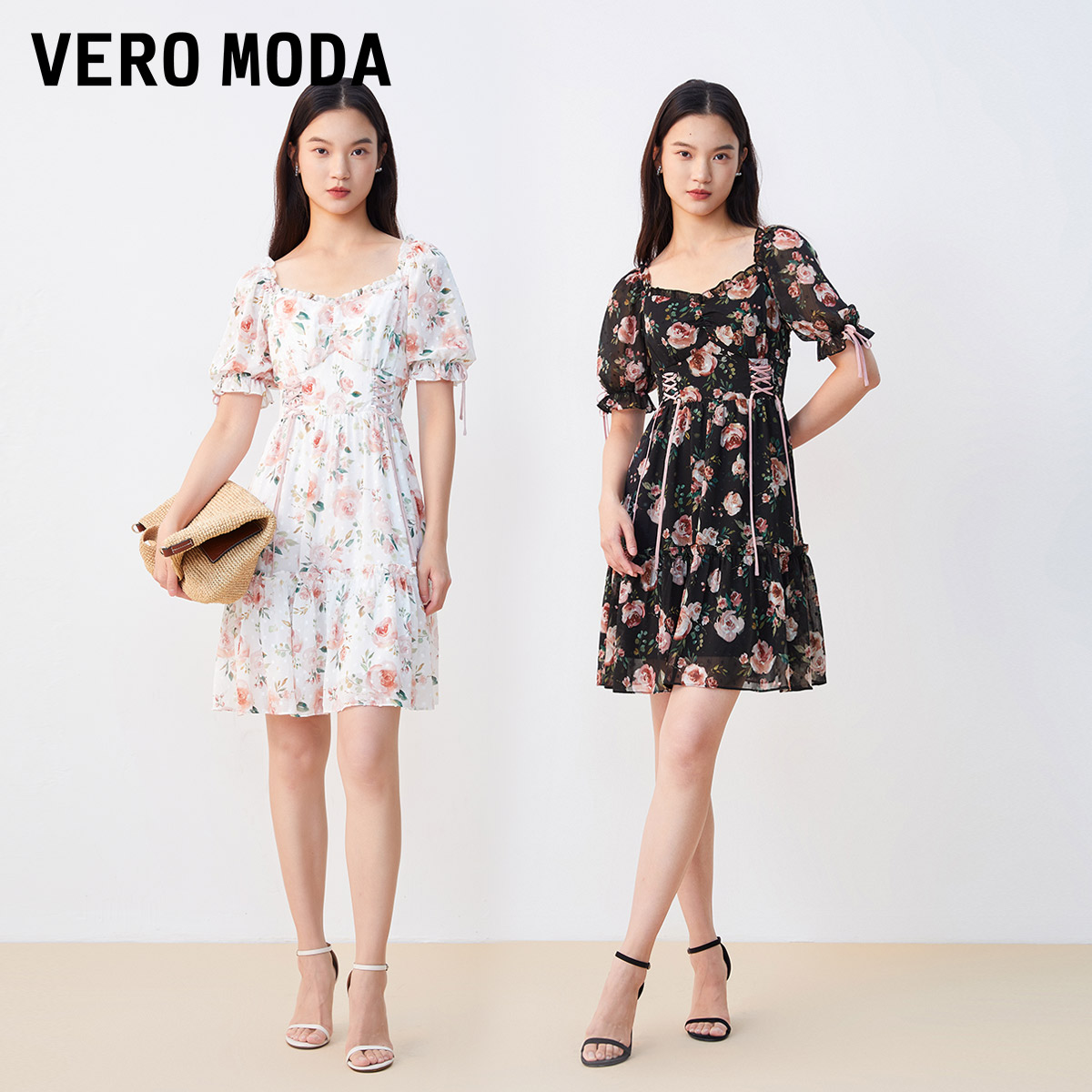 Vero Moda连衣裙2023秋冬新款花朵波点植绒绑带木耳边泡泡袖拉链