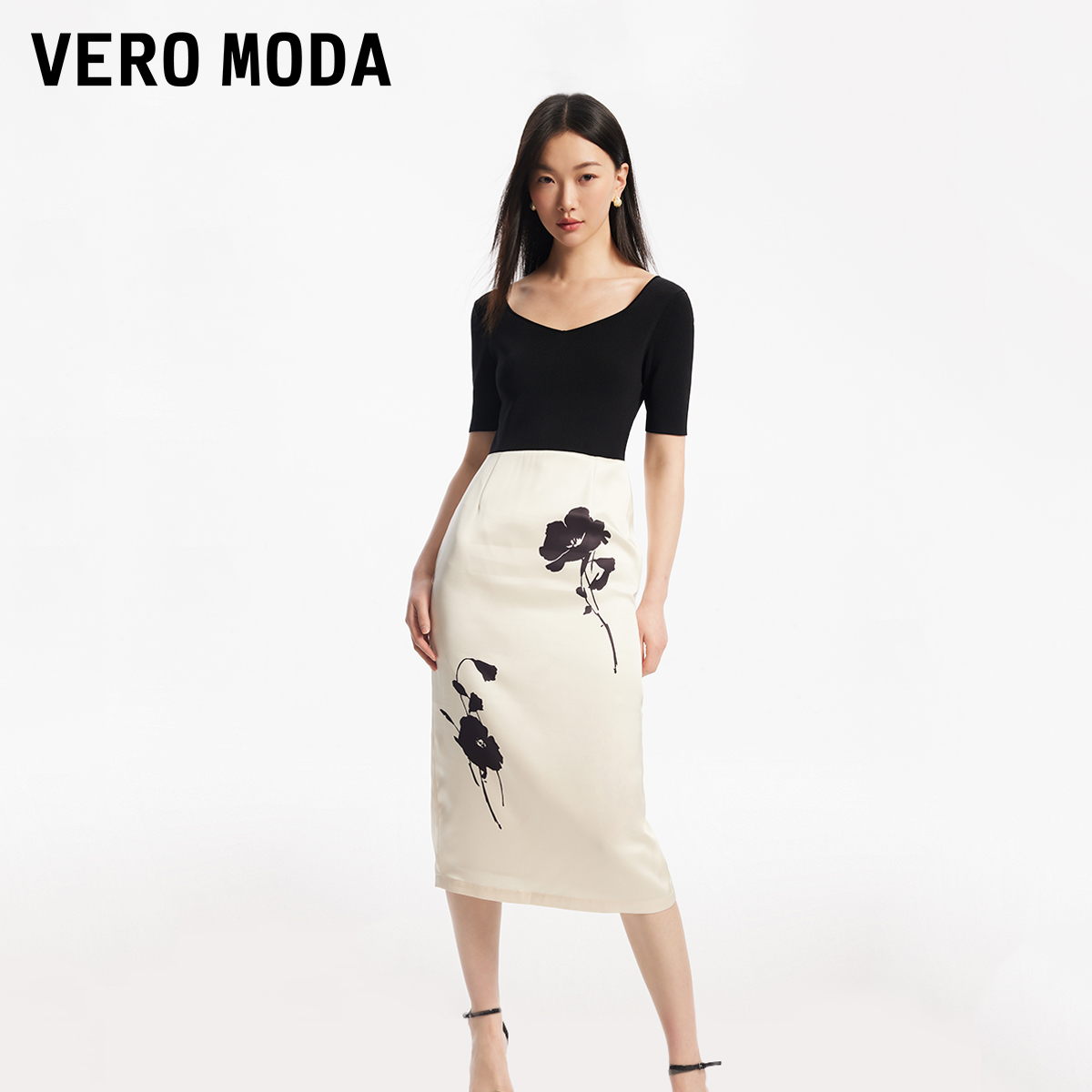 Vero Moda【魔法裙】连衣裙2024春夏新款圆领五分袖拼接优雅气质 - 图0