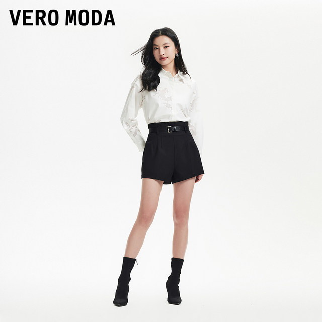 Vero Moda短裤女2024春夏新款复古优雅高腰A摆前压褶显瘦可拆腰带