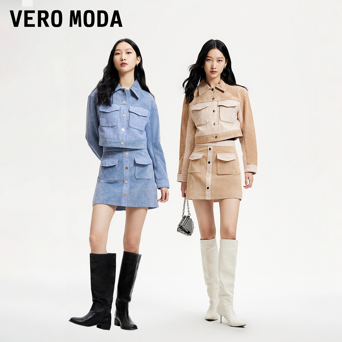 【新】Vero Moda皮衣皮裙套装女24早春新宽松翻领短款拼接小香风