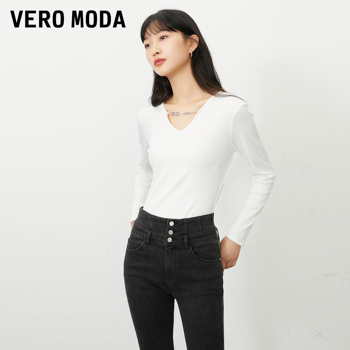 绫致Vero ModaT恤女春夏新HV领长袖简约气质时尚百搭潮