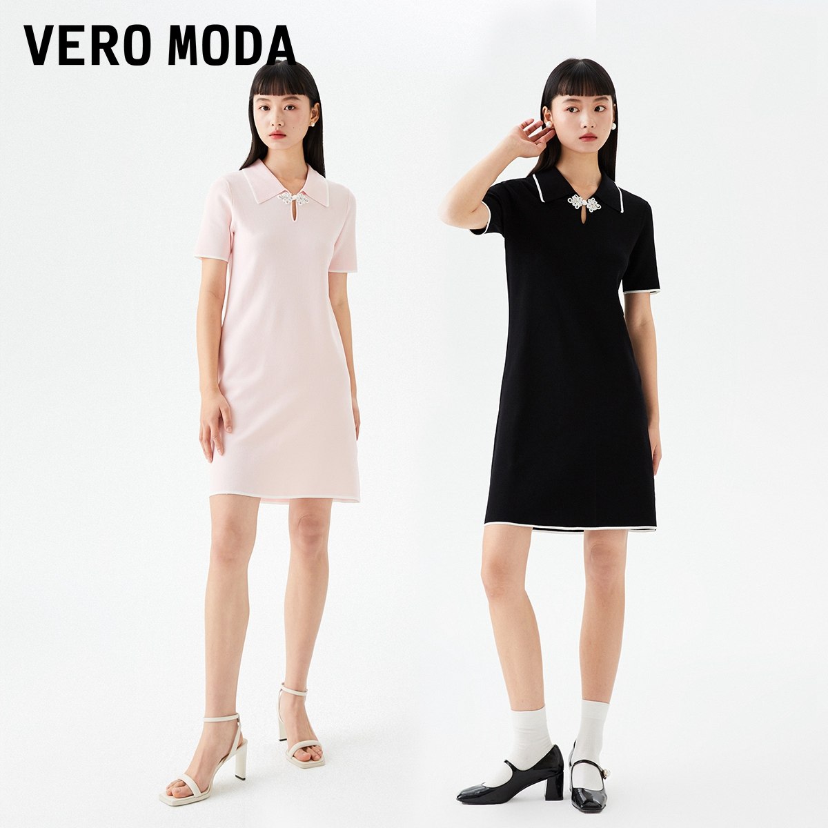 tq区绫致Vero Moda连衣裙秋冬新款H版型翻领短袖简约气质时尚