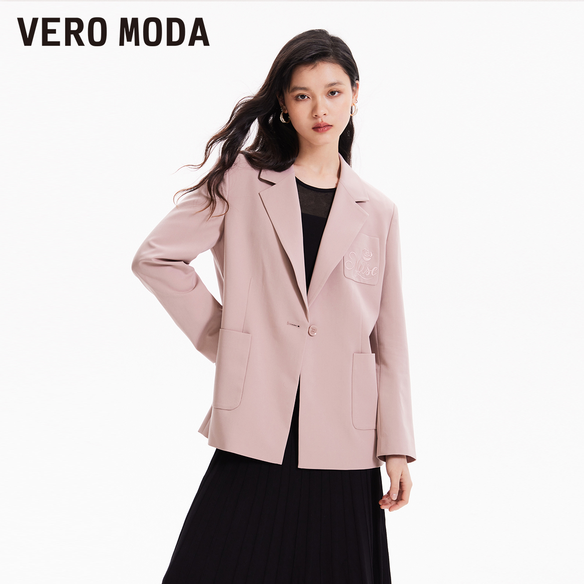 【新】Vero Moda西装外套女2024早春新通勤休闲百搭宽松玫瑰刺绣 - 图1