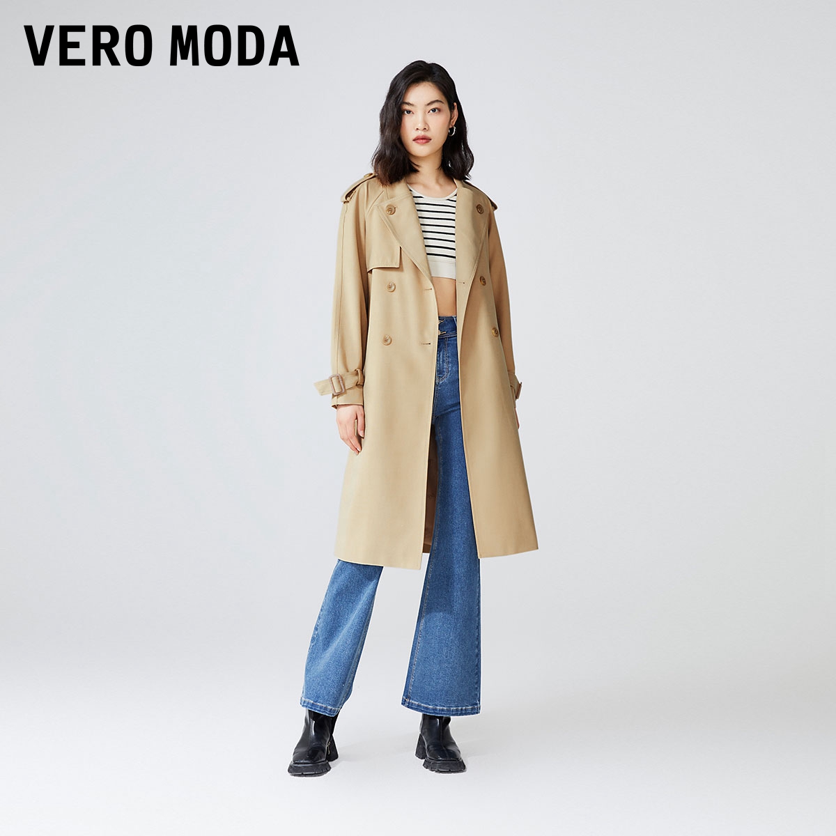 Vero Moda风衣外套女2023春夏新款简约通勤双排扣大衣