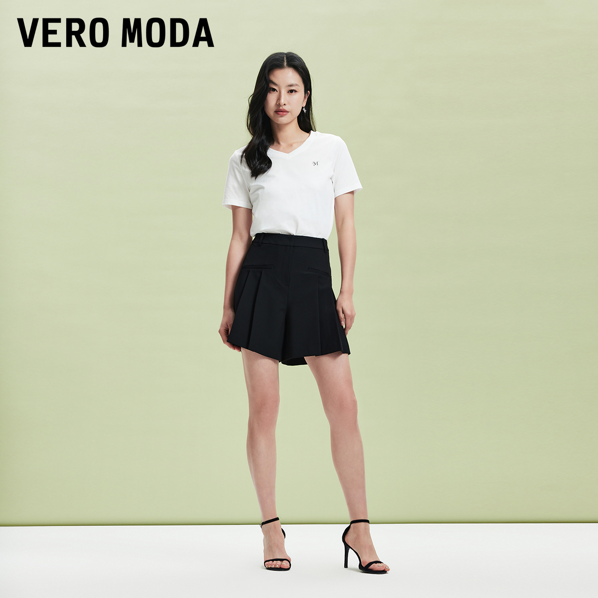 Vero Moda短裤女2024春夏新款复古优雅高腰A版前片压褶显瘦通勤-图0