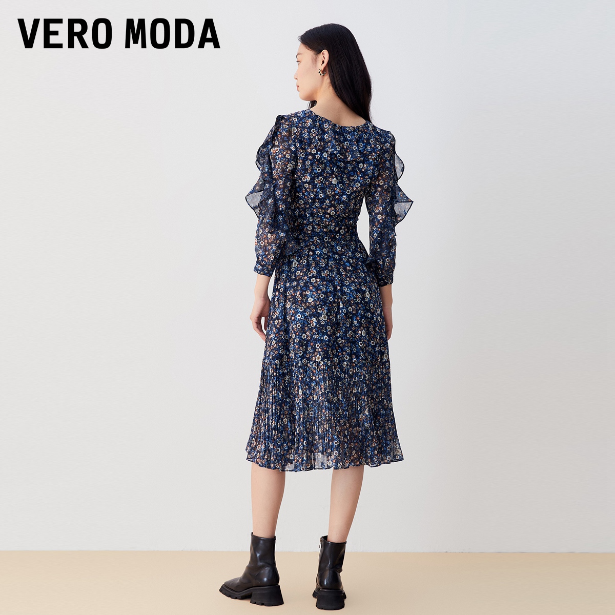 Vero Moda连衣裙2023秋冬新款唯美浪漫优雅甜美花边七分袖碎花裙