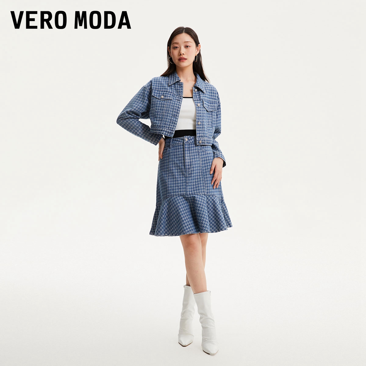 Vero Moda牛仔外套女2023秋冬新款宽松短款翻领千鸟格套装休闲