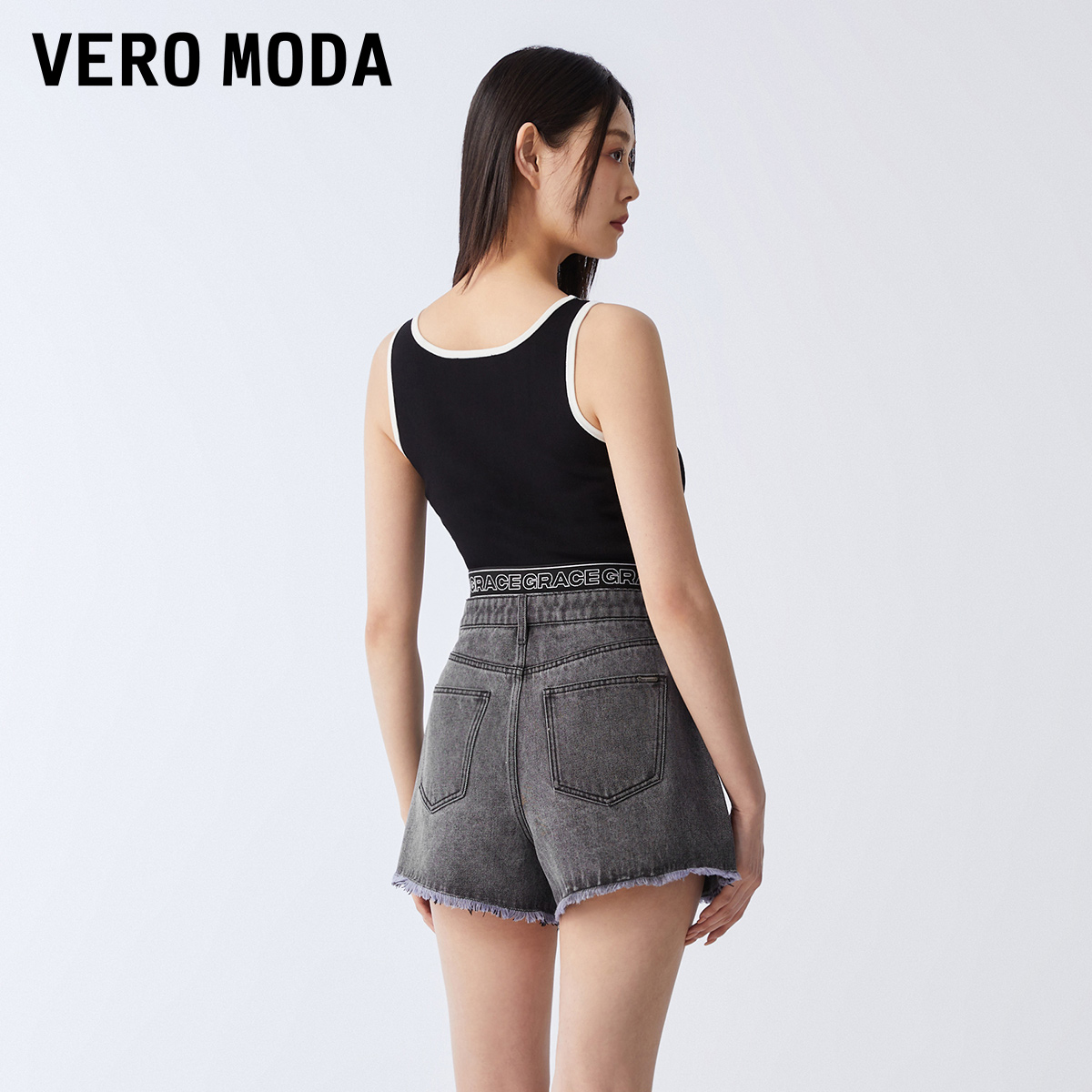 Vero Moda牛仔短裤女2023新款夏季高腰字母腰头阔腿牛仔热裤子女-图1