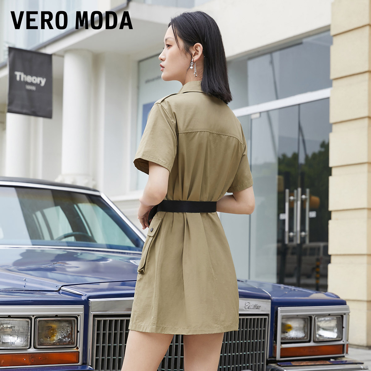 Vero Moda连衣裙2023秋冬新款时尚通勤气质工装风腰带装饰短袖