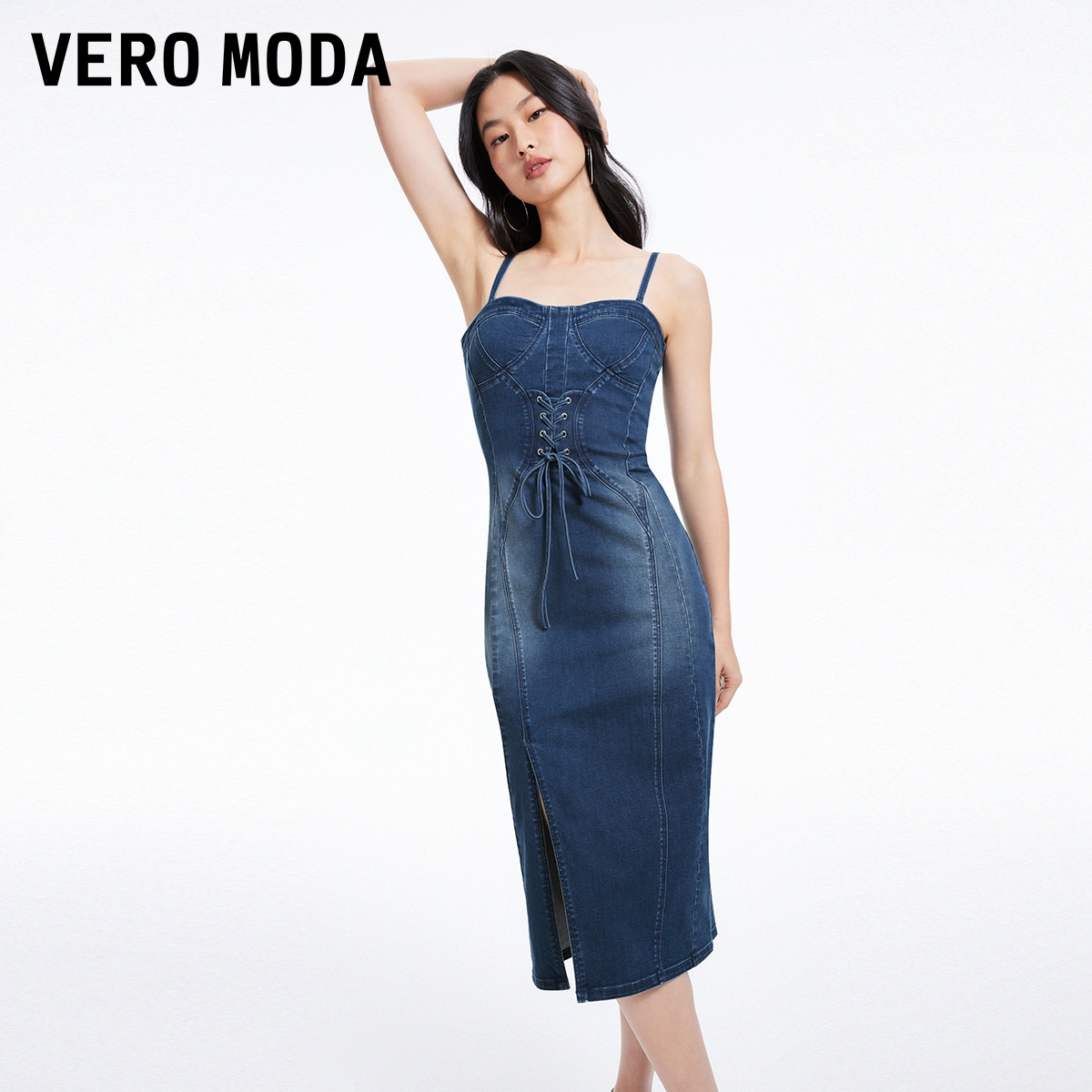 Vero Moda连衣裙2024春夏新款修身吊带前绑带后拉链单侧开叉