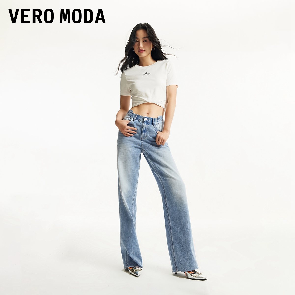 【新】Vero Moda牛仔裤24早春高腰阔腿磨白做旧毛边休闲个性简约-图0