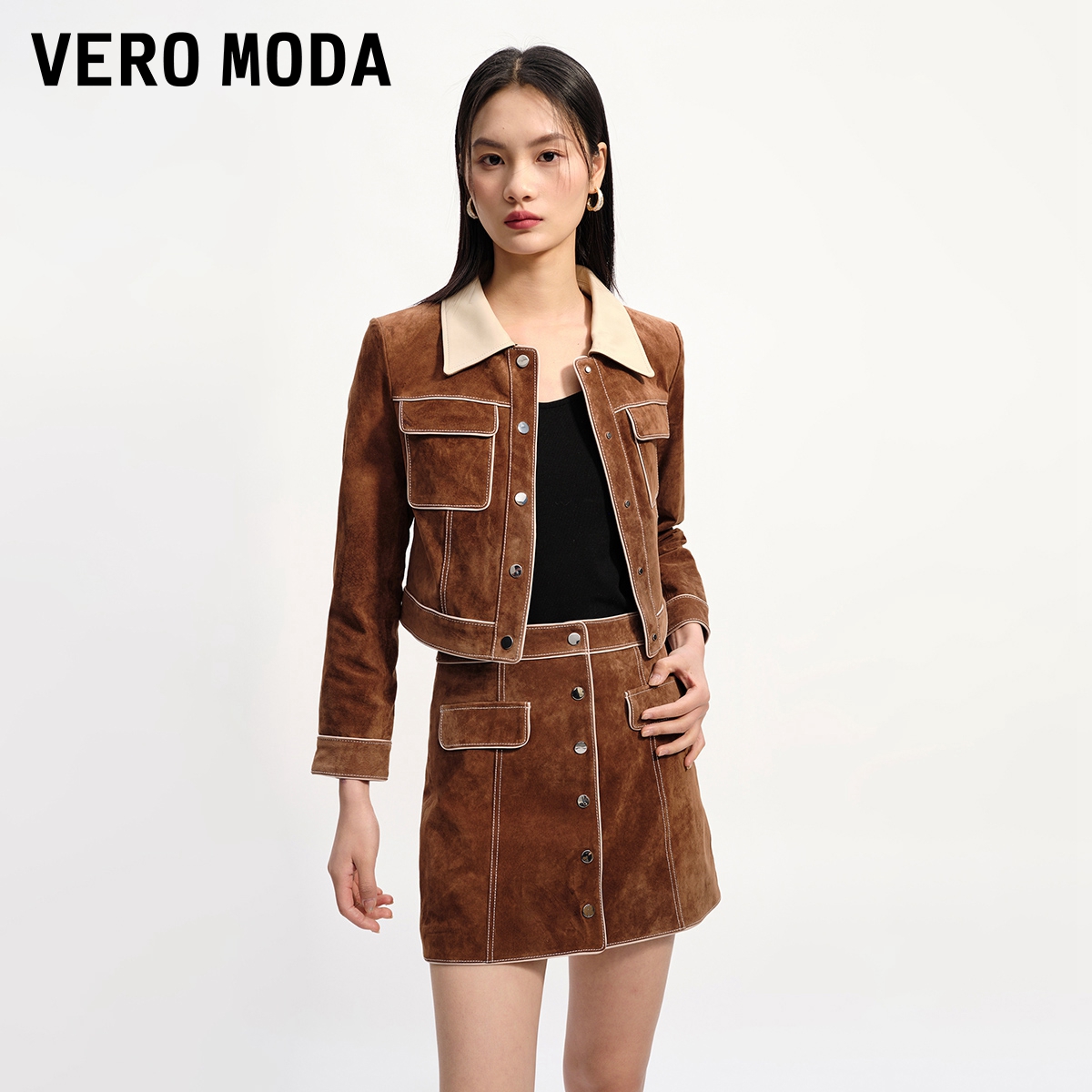 Vero Moda皮衣套装女2024春夏新款优雅拼色九分袖短款|323310002