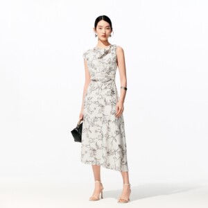 【雅致水墨】VeroModa连衣裙26夏季可拆胸针印花荡领无袖A字长裙