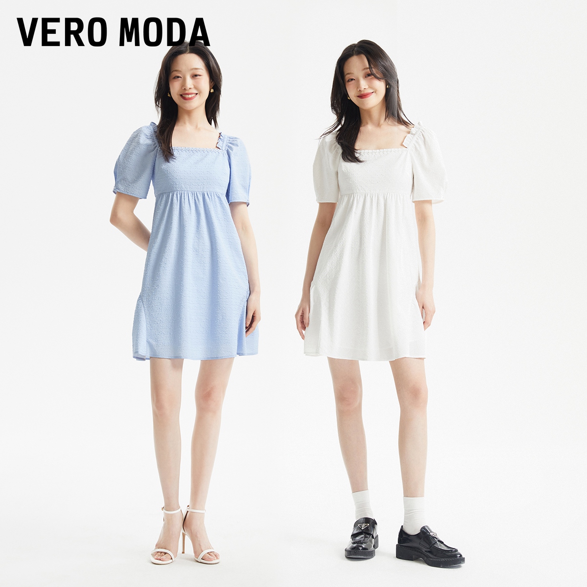 Vero Moda连衣裙2023夏季新款方领泡泡袖高腰公主风甜美短袖