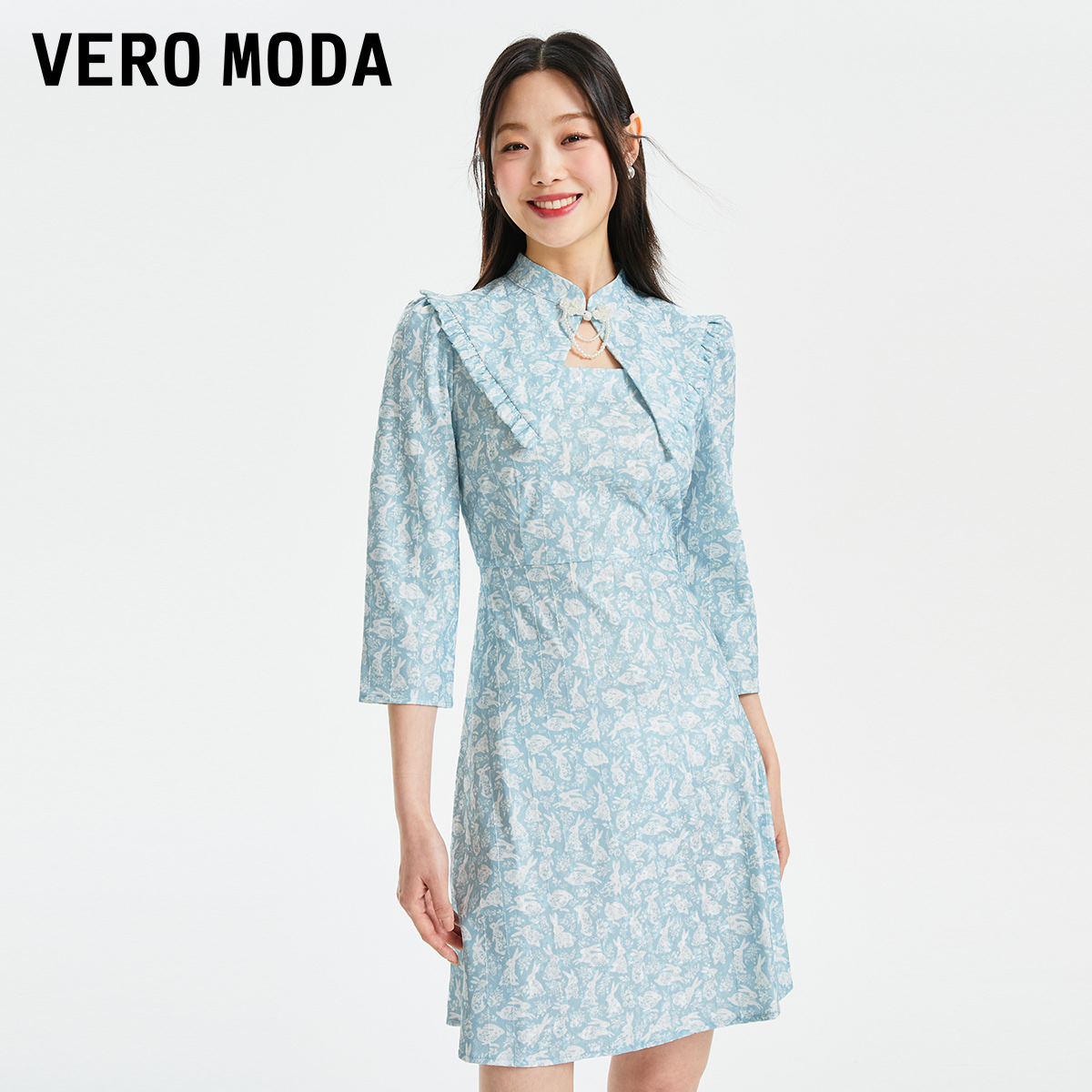 t区绫致Vero Moda连衣裙女24春夏短裙七分袖中式改良旗袍 - 图2