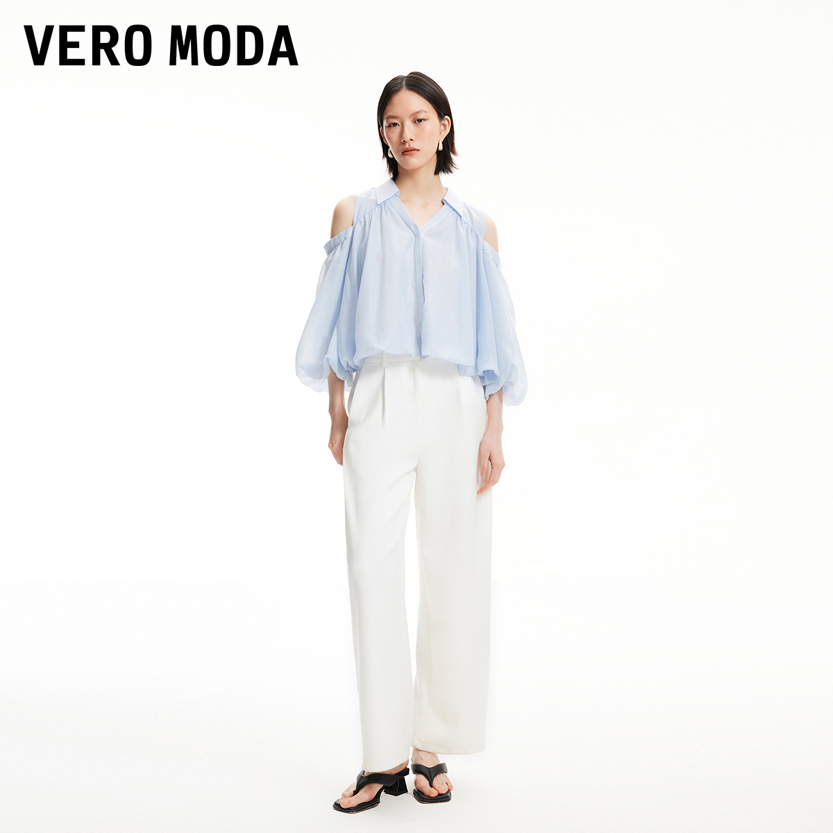 Vero Moda2024春夏新款肩部镂空泡泡暗纽扣门襟上衣薄荷曼波 - 图0