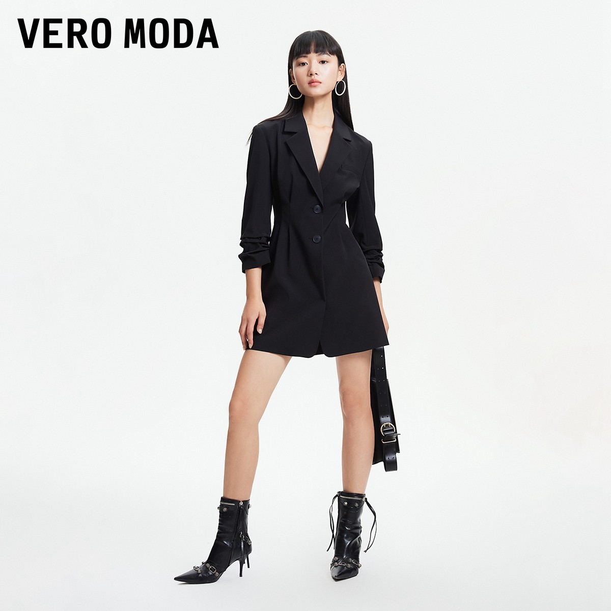 绫致Vero Moda连衣裙25春夏新优雅气质通勤七分袖黑色西装裙女 - 图0