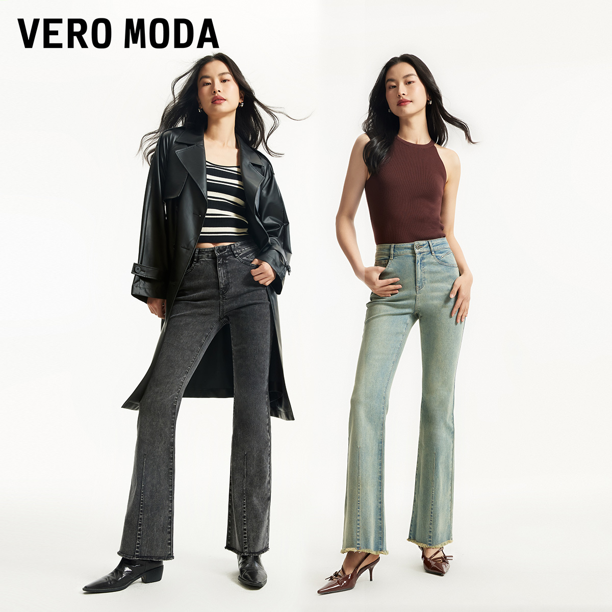 Vero Moda牛仔裤女2024春夏新款微喇磨白做旧中腰毛边休闲个性-图0