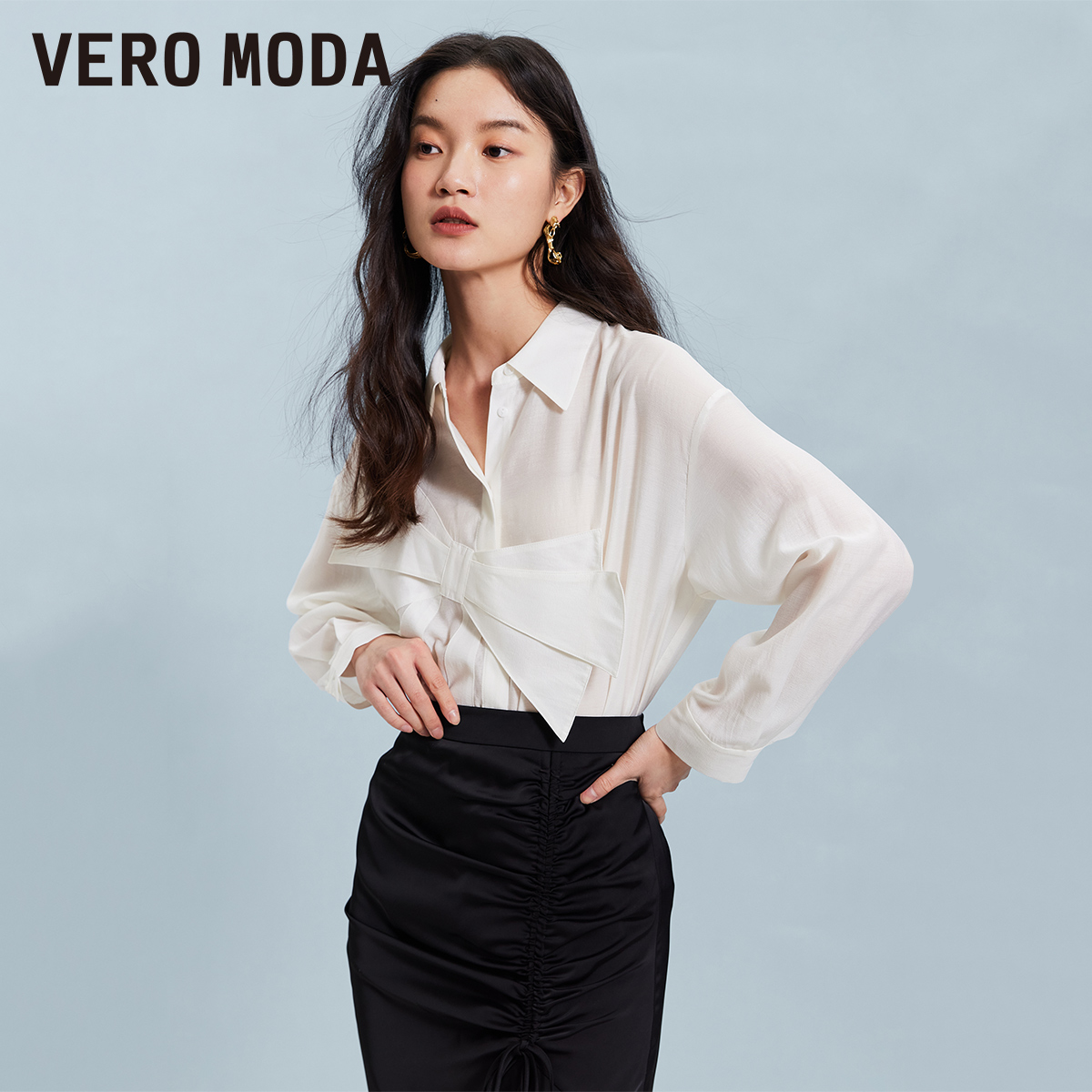 Vero Moda衬衫衬衣女2024春夏新款宽松长袖翻领气质纯色通勤优雅 - 图1