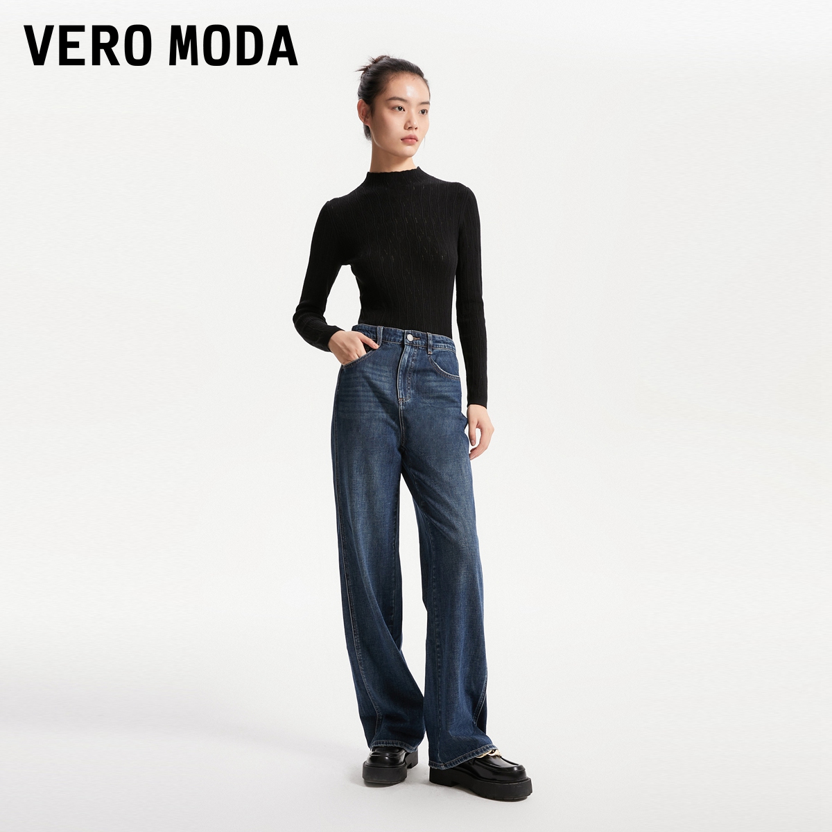 Vero Moda牛仔裤子女新款2023爆款高腰复古阔腿裤直筒裤