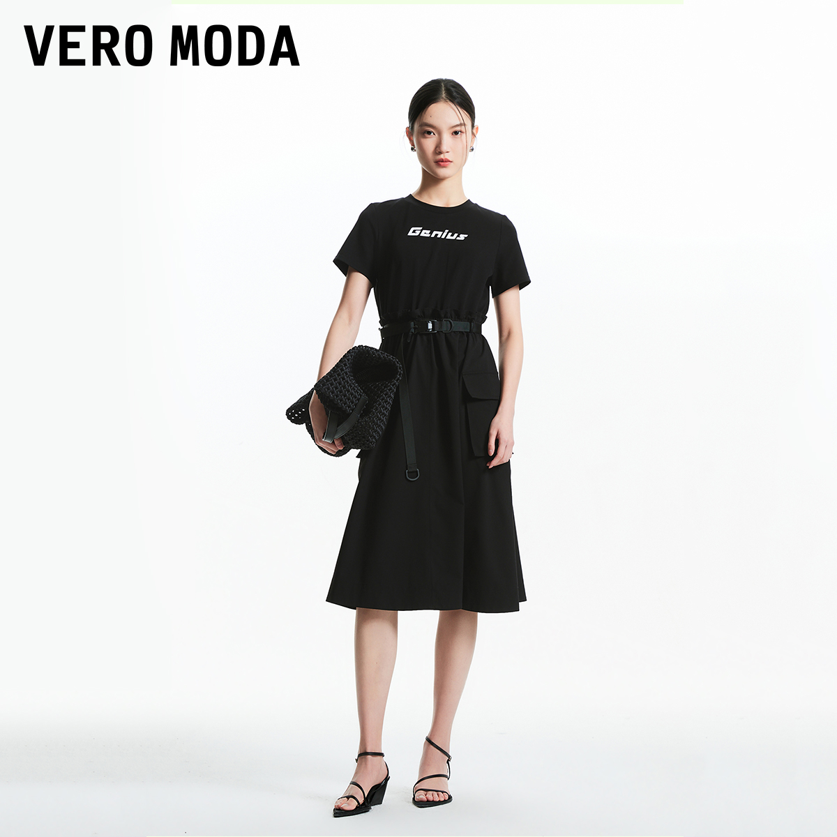 Vero Moda连衣裙2024春夏新款街头运动风拼接字母印花大口袋