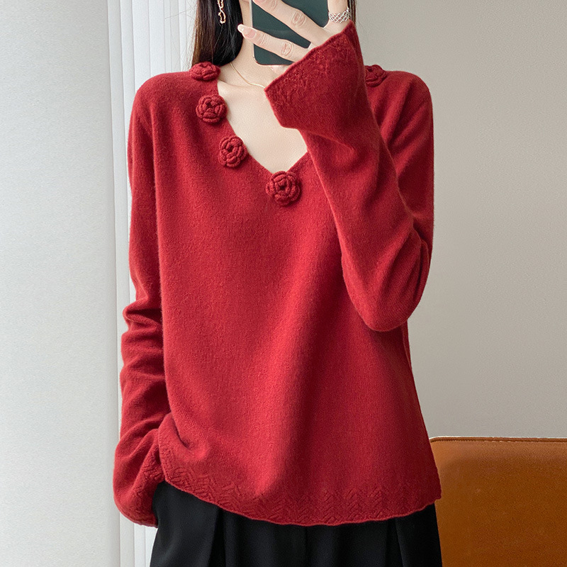 秋冬季立体花朵喇叭袖V领100纯羊毛衫女设计感时尚显白针织打底衫 - 图2