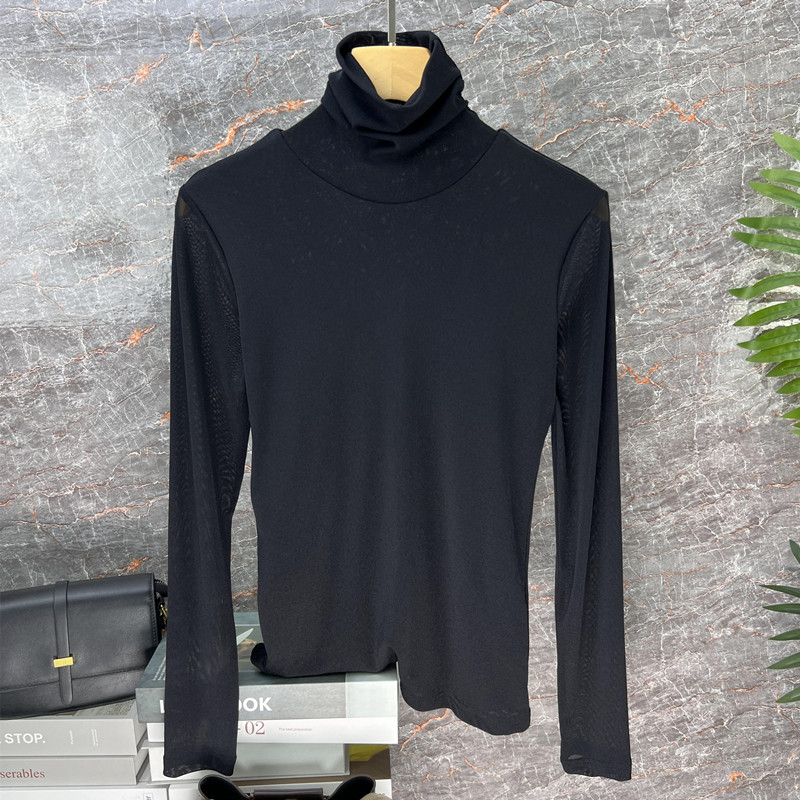 女士小众设计感高品质高领加绒网纱修身显瘦秋冬新款长袖t恤女装 - 图2