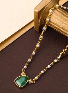跨境ins风个性复古绿色天然石珍珠链项链高级感小众百搭锁骨颈链