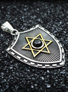 六芒星盾牌黑宝石钛钢吊坠项链