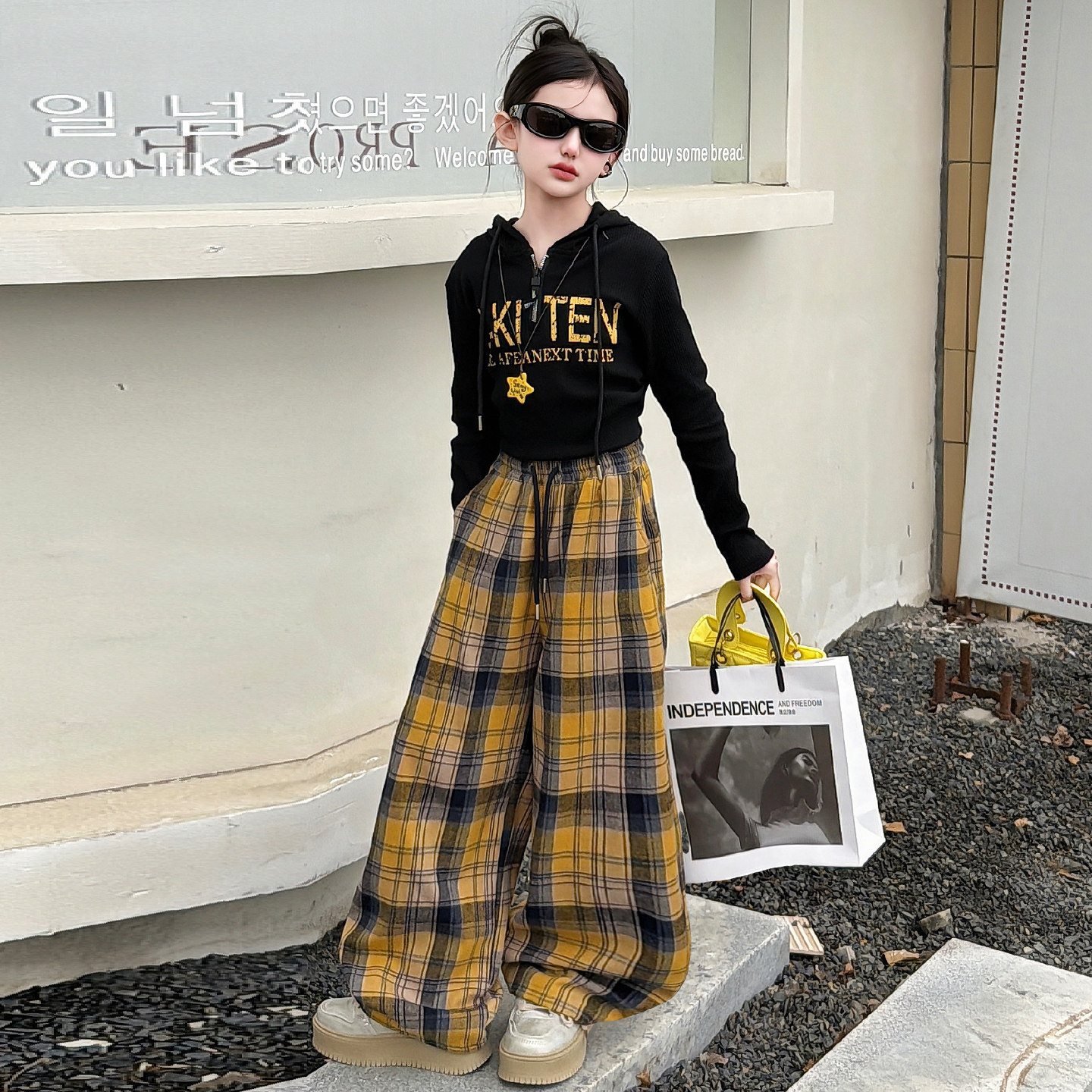 女童超好看格子阔腿裤套装2026新款女大童韩系打底衫儿童直筒裤子,淘宝优惠券,粉丝福利购,淘宝优惠卷