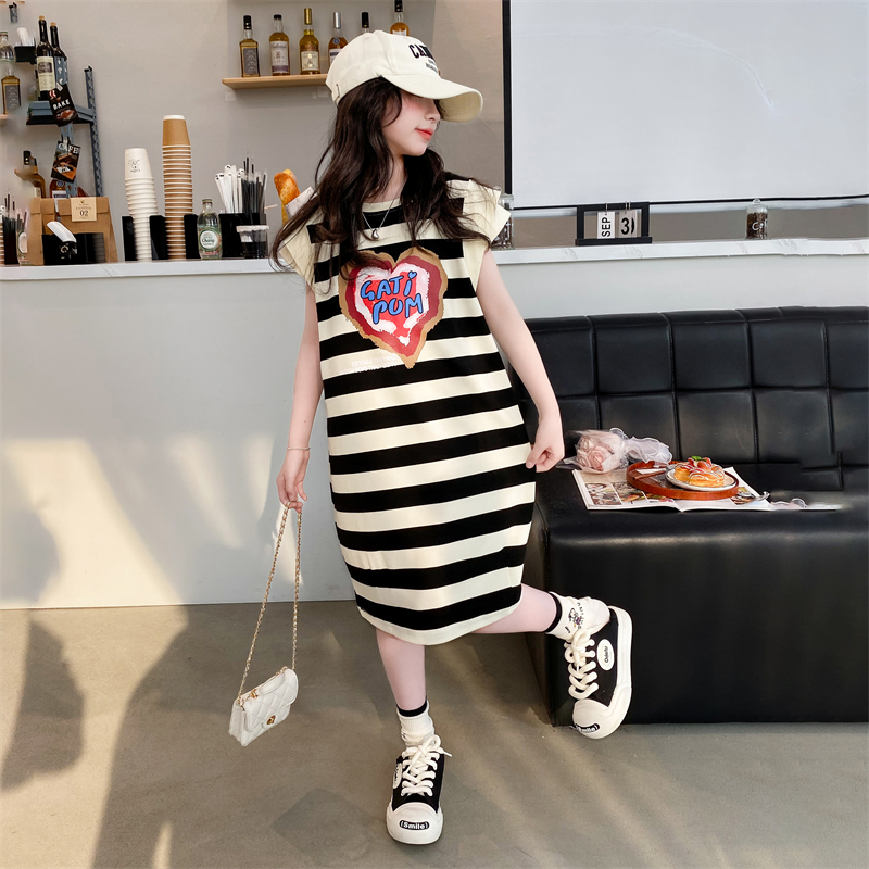 女童连衣裙夏季2025新款女大童夏装纯棉条纹裙子儿童中长款T恤裙 - 图1