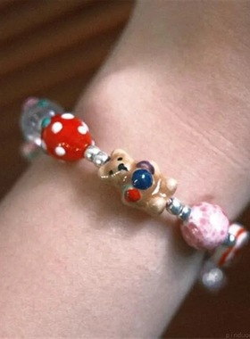 进口夏日甜心小棕熊手链可爱百搭编织串珠手串ins风小众设计彩