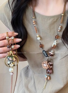 进口2025年新款波西米亚繁花珍珠项链女新中式国风皮绳民族风串