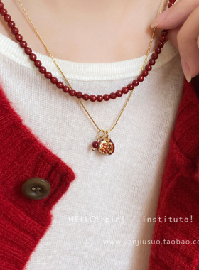 进口「石榴树下」秋冬复古安可拉红石榴项链吊坠百搭锁骨链毛衣