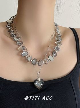 进口法式复古不规则水晶串珠项链女小众高级感双层叠戴爱心吊坠