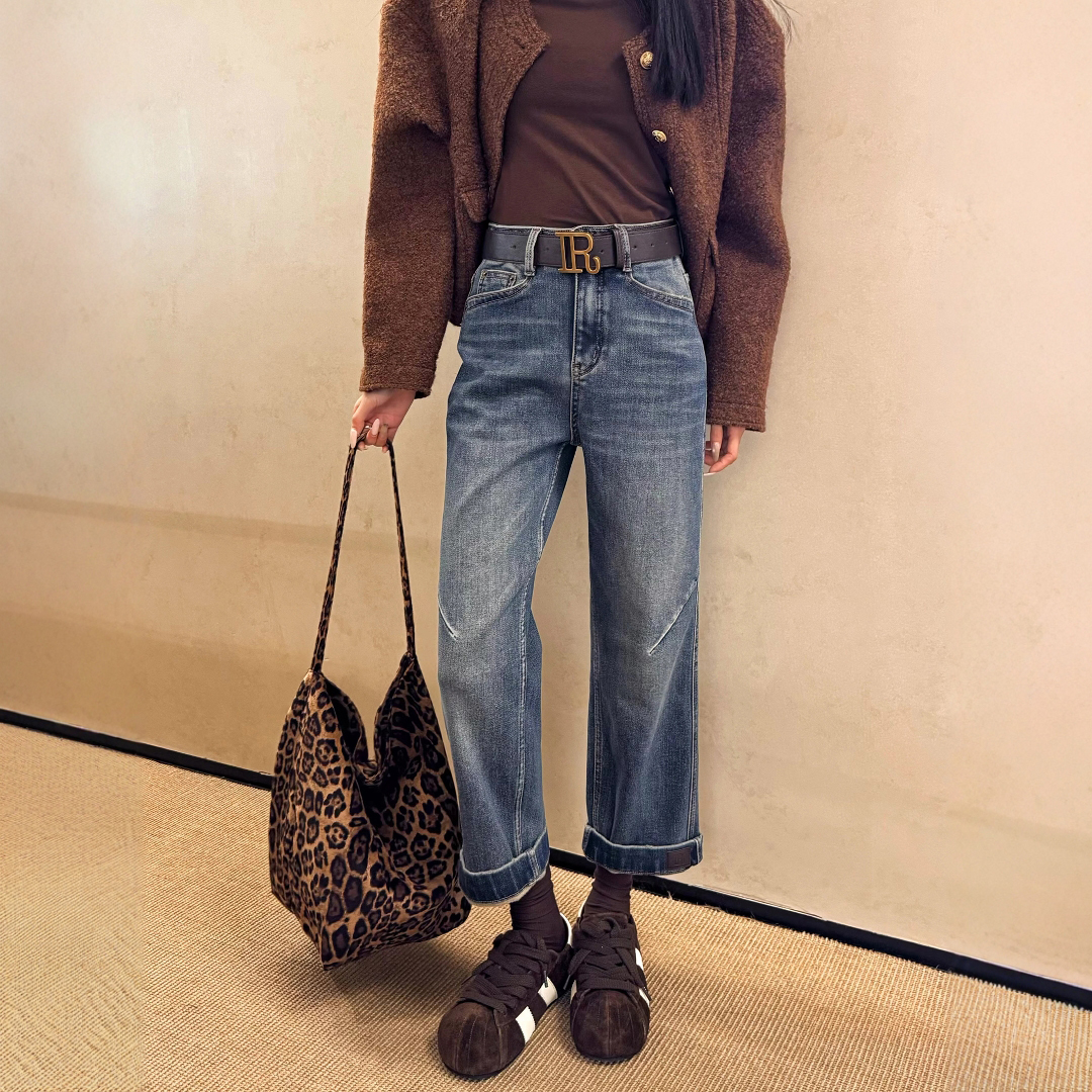 2025秋冬新款蓝色加绒直筒牛仔裤女高腰显瘦九分小个子窄版法棍裤 - 图1