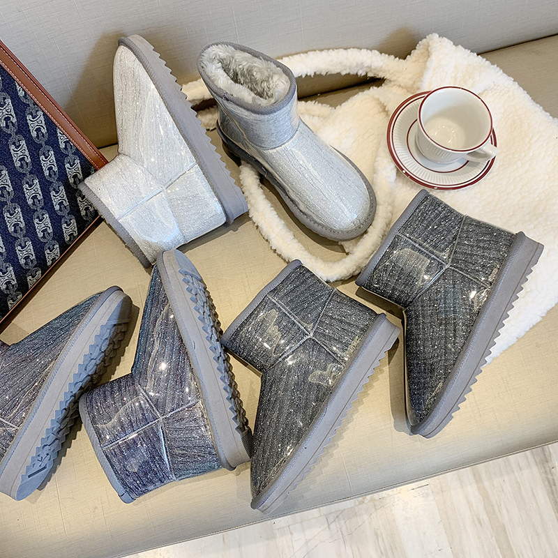 班尼瑞旗舰店雪地靴女冬新款加厚绒面包棉鞋透明亮皮面防水雨鞋一脚蹬短靴3