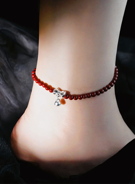 正品天然原矿真朱砂脚串女款潮999足银铃铛脚链平安转运足链礼物