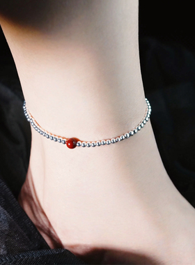 银足链女纯银实心银古风转运珠脚链女纯手工弹力朱砂轻奢银珠脚饰