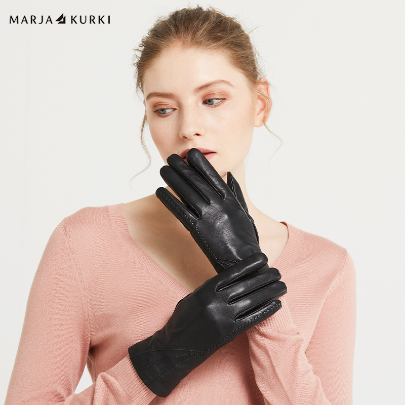 MARJAKURKI玛丽亚古琦黑色羊皮手套冬季女加绒可触屏真皮手套保暖