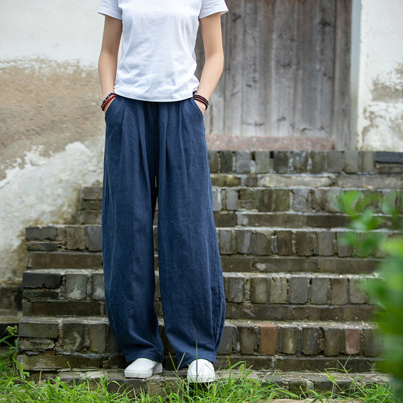 新款秋季女装文艺砂洗宽松棉麻长裤女士亚麻加厚灯笼裤显瘦休闲裤